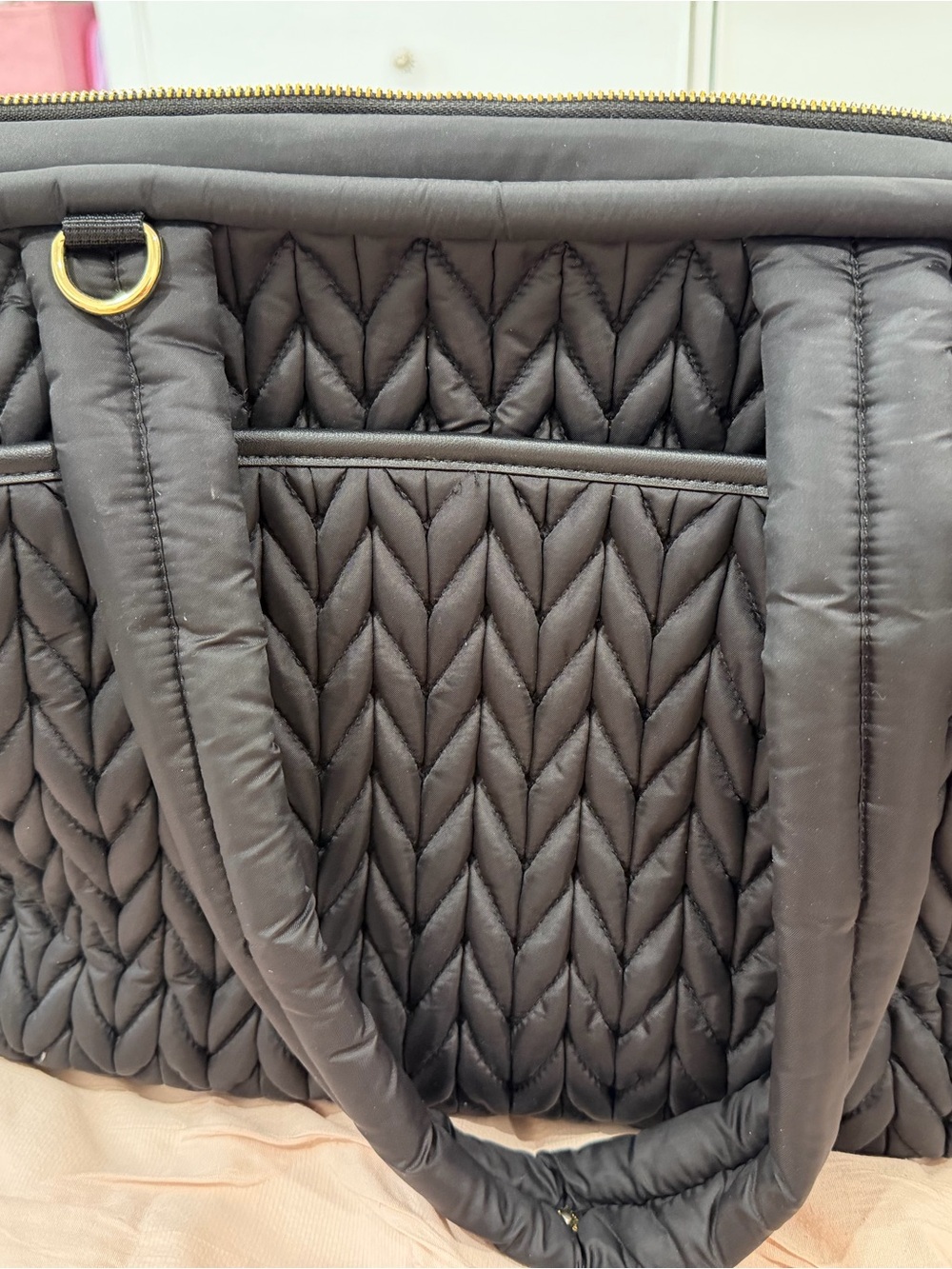 Black Quilted Baby Bag Tote with Gold Ring Accent